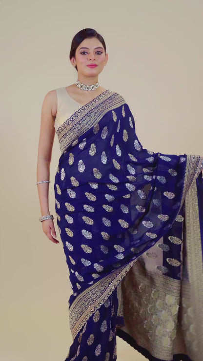 Red/Blue Golden Zari weave Khadi Georgette Sarees 1011-10030