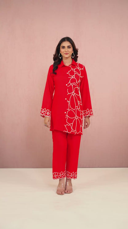 Red Embroidery Rayon Coord Set 1013-10056