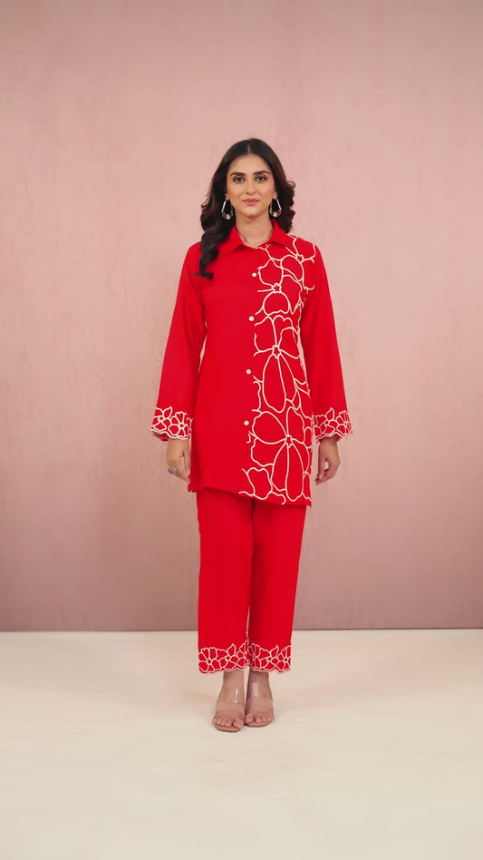 Red Embroidery Rayon Coord Set 1013-10056