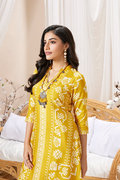 Yellow Printed Dola Silk Salwar Suits 1027-10166