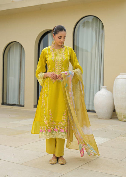 Yellow Resham work Tussar Silk  Salwar Suits 1017-10157