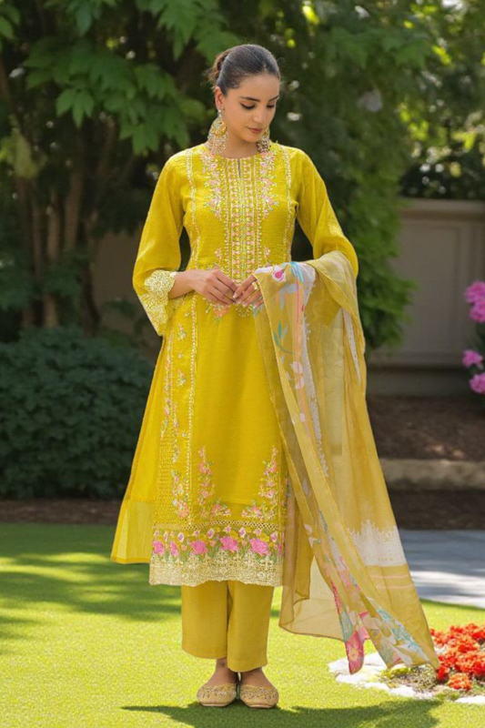 Yellow Resham work Tussar Silk  Salwar Suits 1017-10157